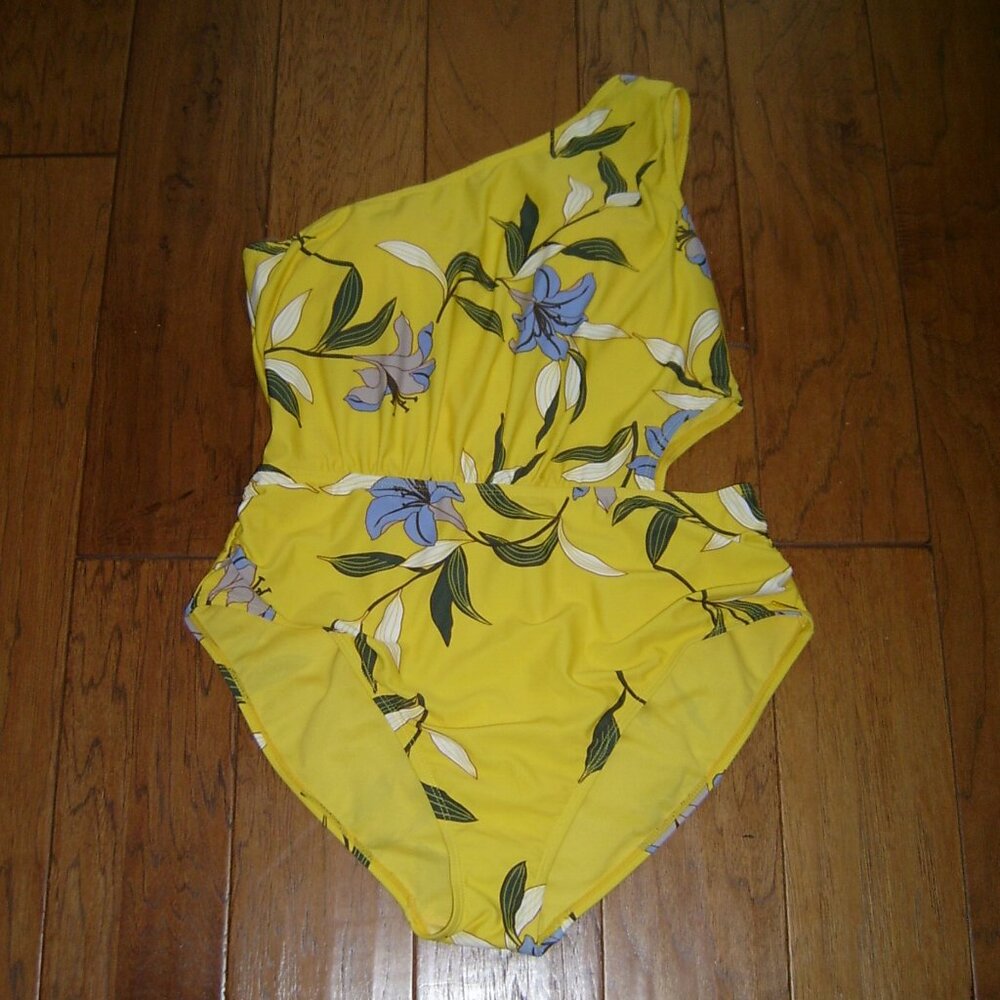 Jones New York Yellow Floral Print One Shoulder Cutout One Piece Swimsuit, XL